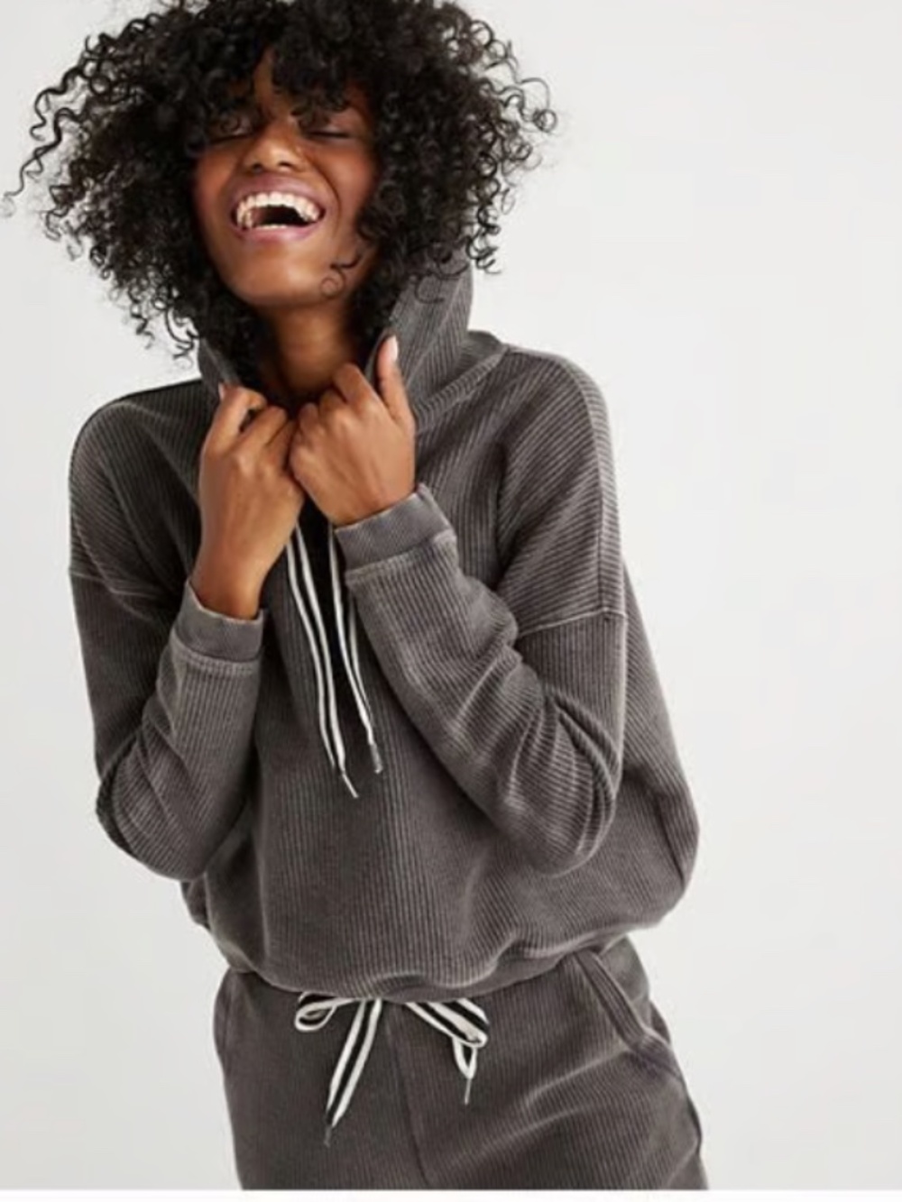 Aerie Charcoal Gray Ribbed Pullover Hoodie XS 100% Cotton Soft Lounge Sweatshirt